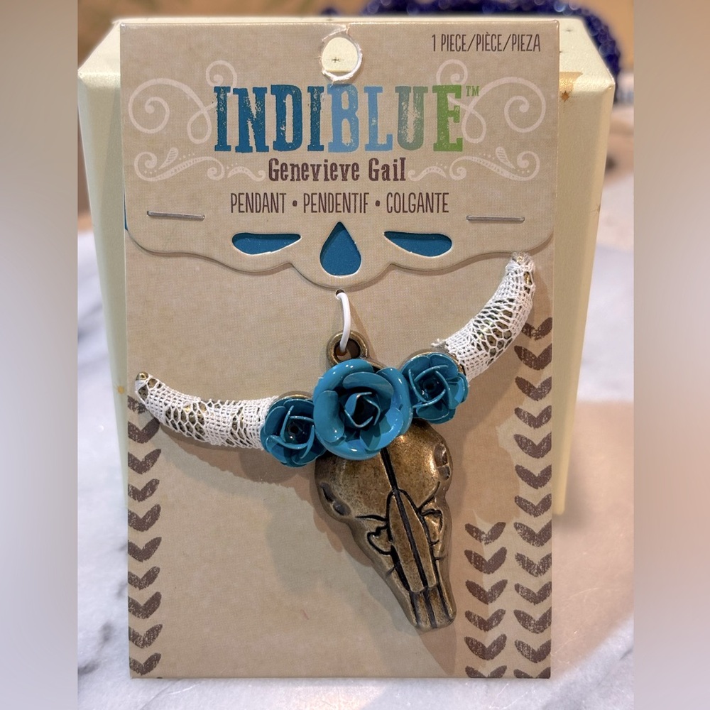 Longhorn Skull IndiBlue Pendant with Teal Roses